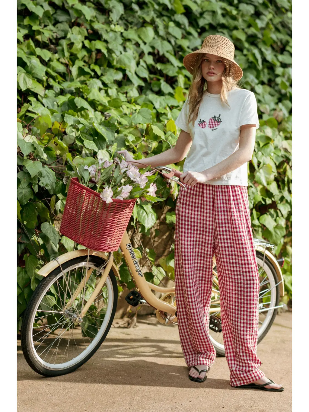 Gingham Pattern Elastic Band Waist Pants - RED & WHITE