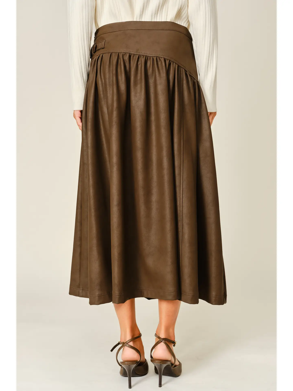 Classic Vegan Leather Belted Midi Skirt