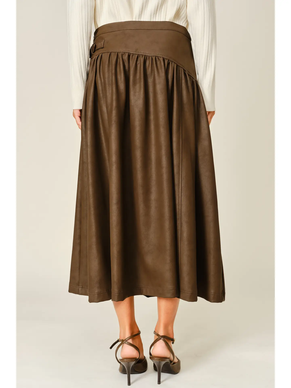 Classic Vegan Leather Belted Midi Skirt