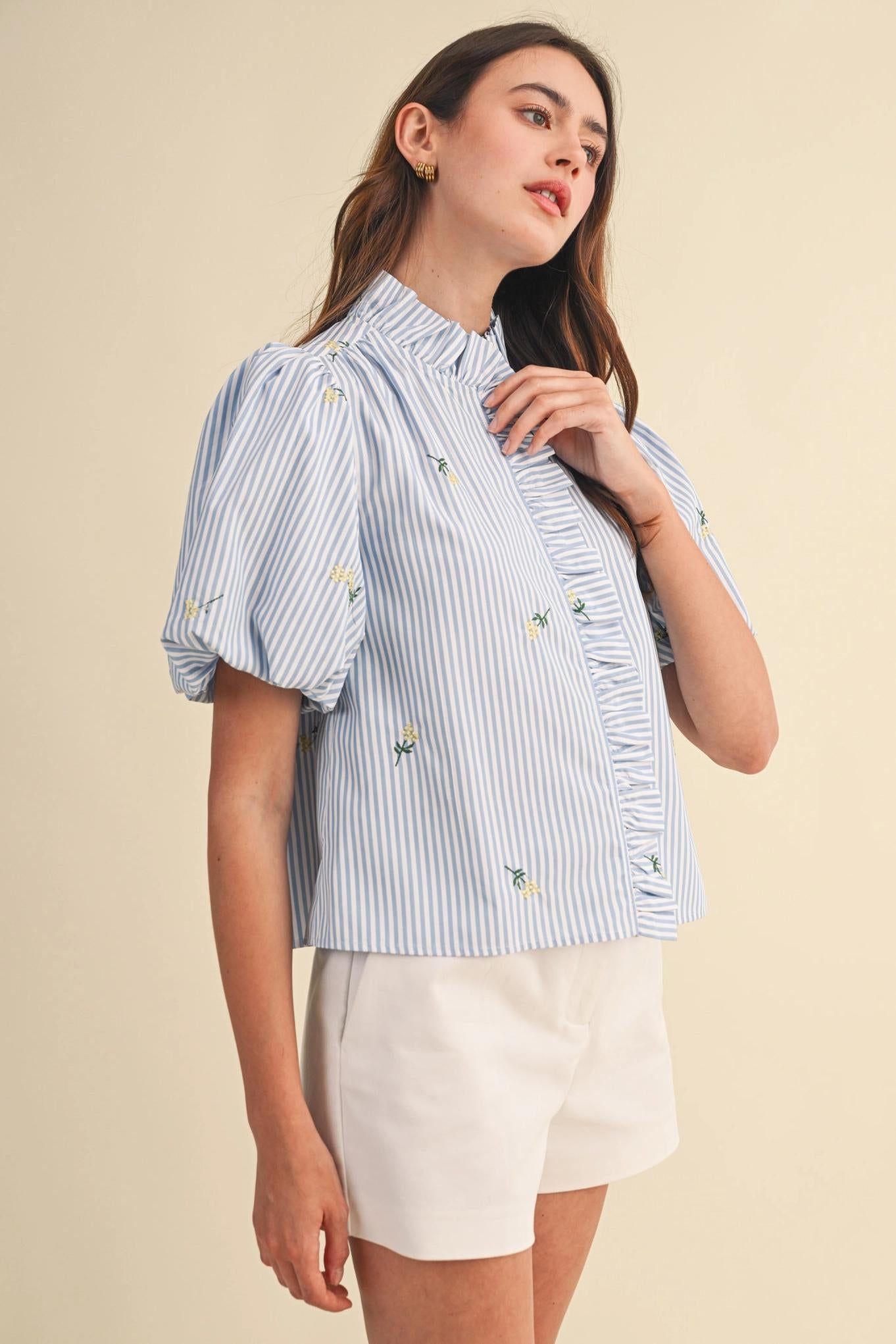 Floral Embroidery Striped Ruffled Button Down Top - Sky Blue Stripe