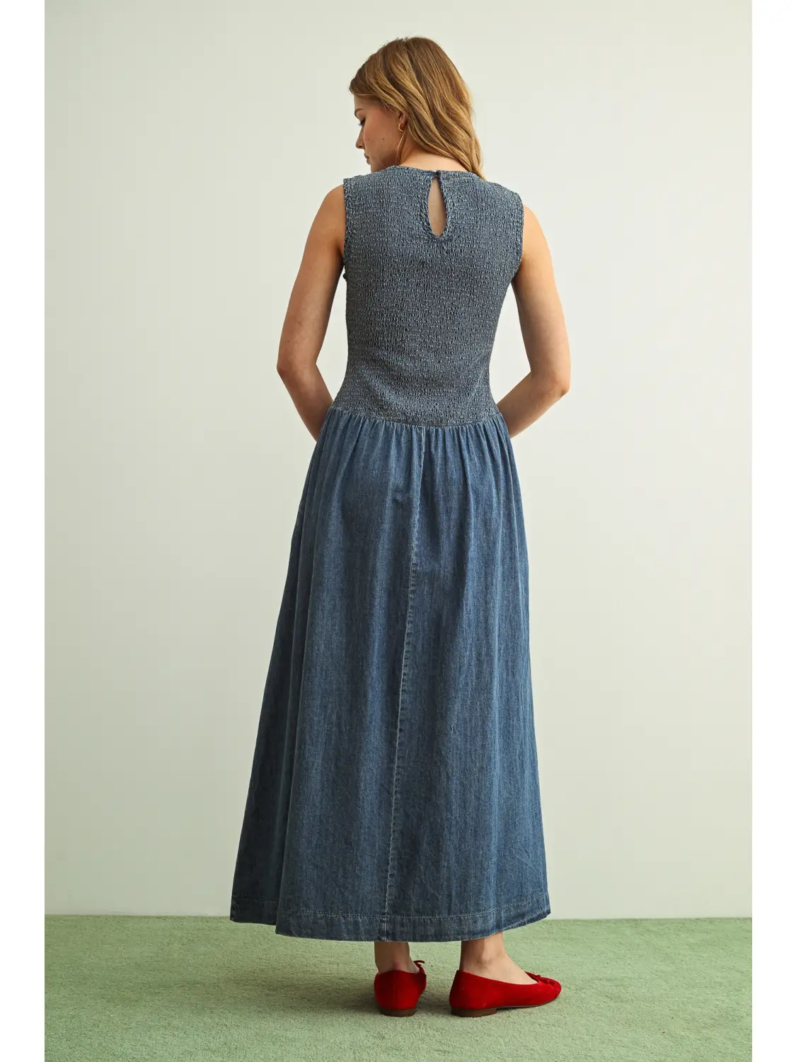 Smocked Top Sleeveless Denim Long Dress