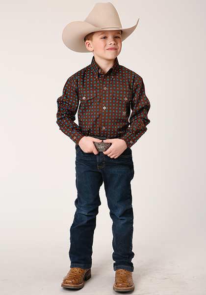 BOYS L/S SHIRT   AMARILLO BTN AC ALLOVER PRINTS  1376 CHOCOLATE AGAVE FOULARD
