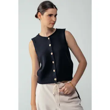 Relaxed Button-Front Knit Sleeveless Top - BLACK