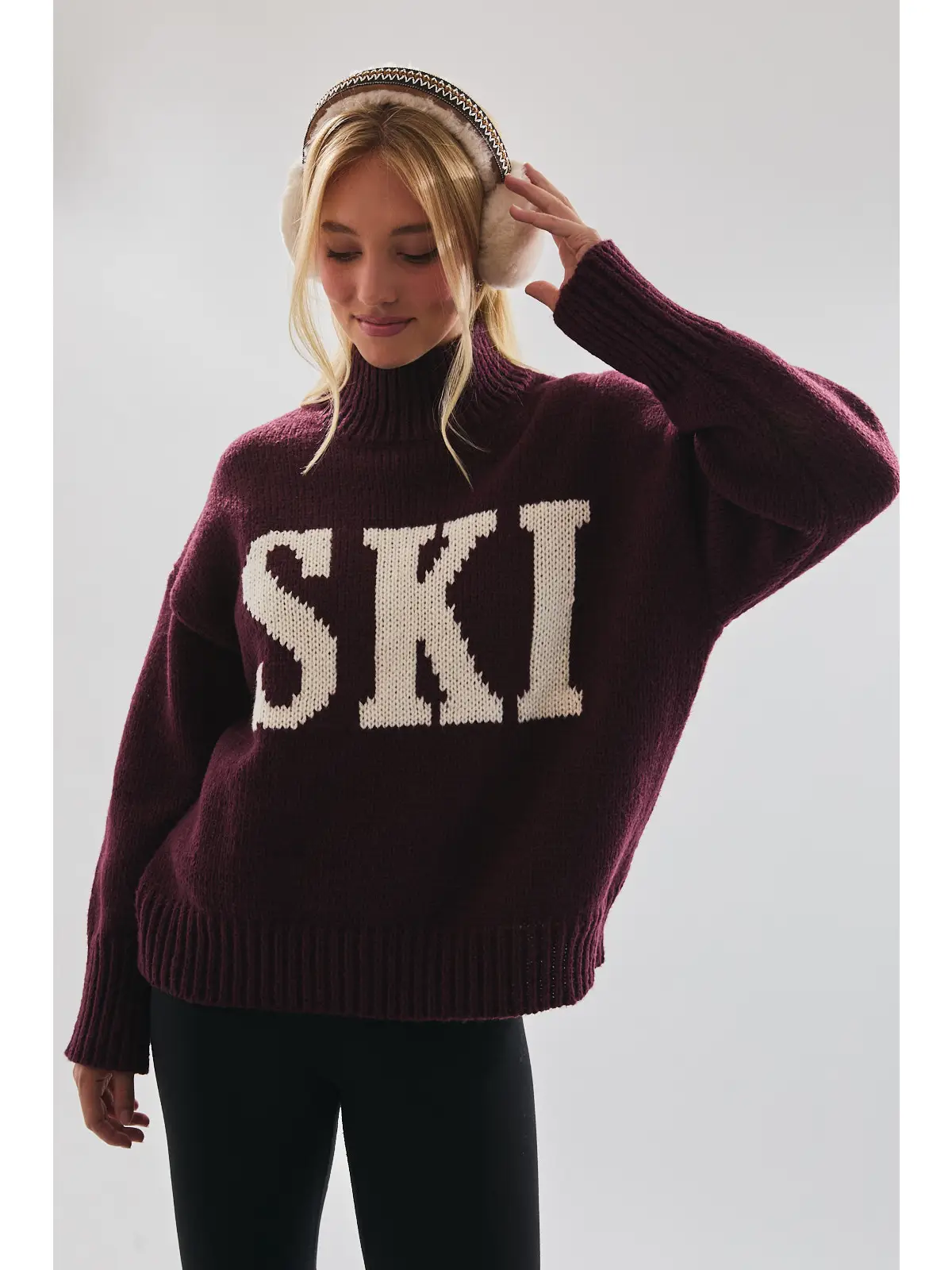 High Neck Oversized Sweater Top - WINE-IVORY