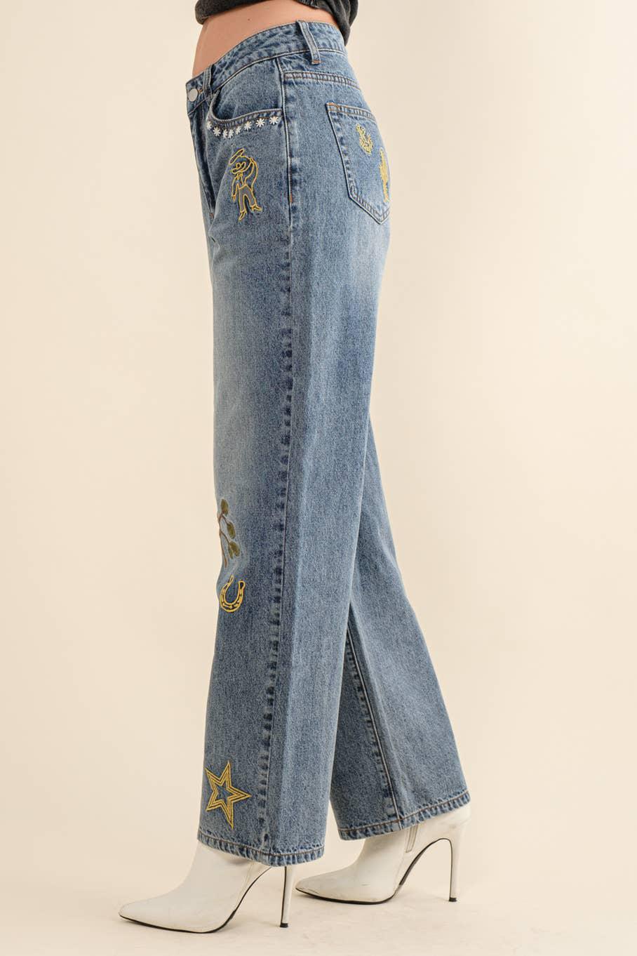 Straight Leg Embroidered Western Denim Jeans