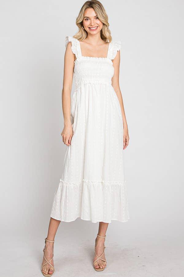 COTTON JACQUARD SMOCKED DRESS - WHITE
