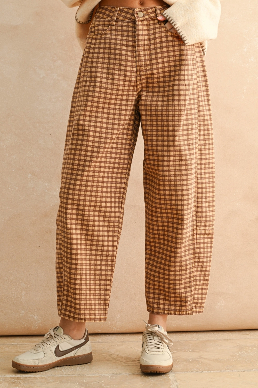 Mini Checker Pattern Barrel Pants - CAMEL/CHESTNUT