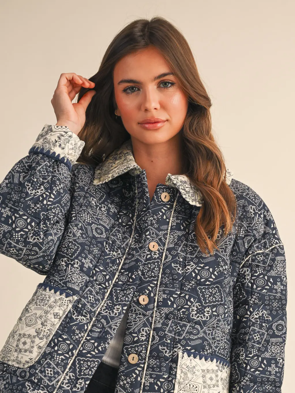 Quilted Bandana Print Jacket - Navy