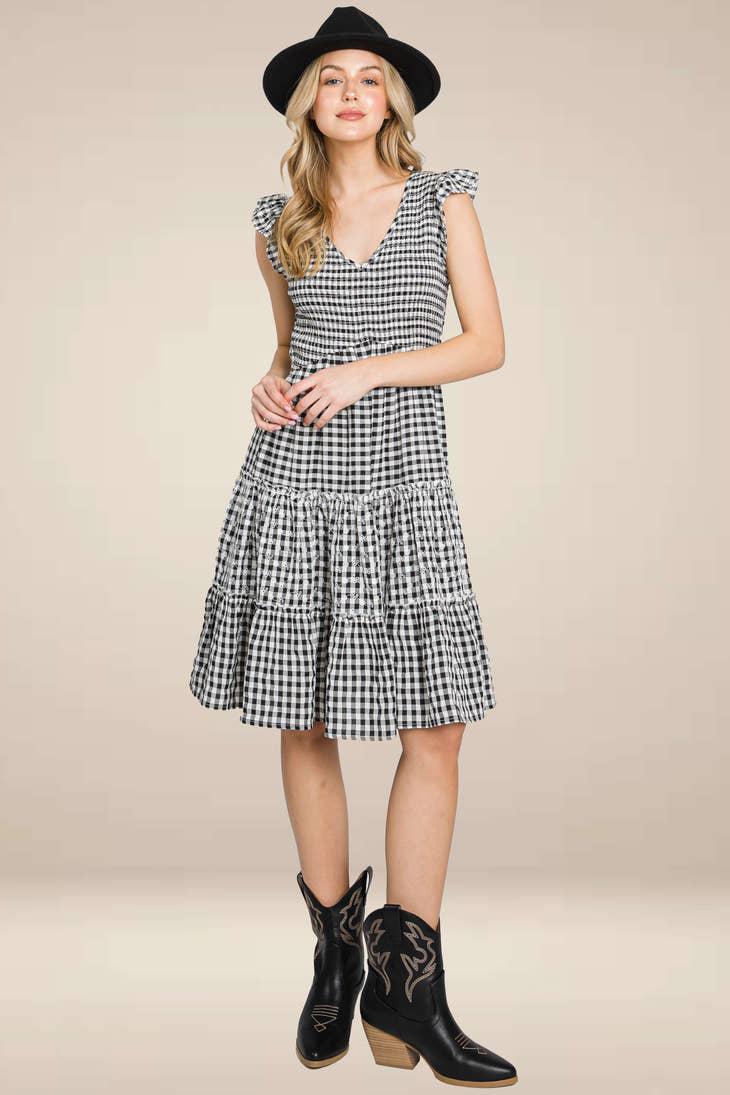 GINGHAM SMOCK DRESS EMBROIDERY - BLACK/WHITE