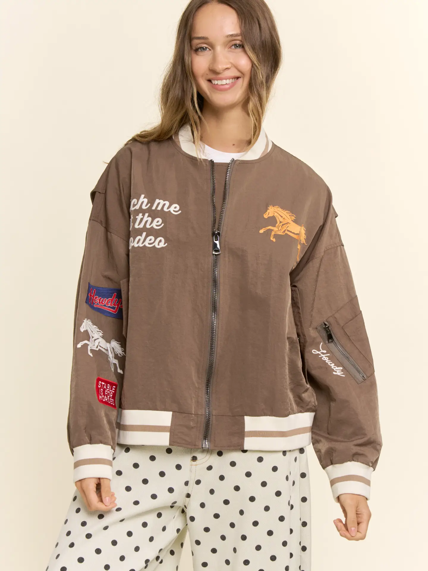 Retro Rodeo Embroidered Bomber Jacket - MOCHA