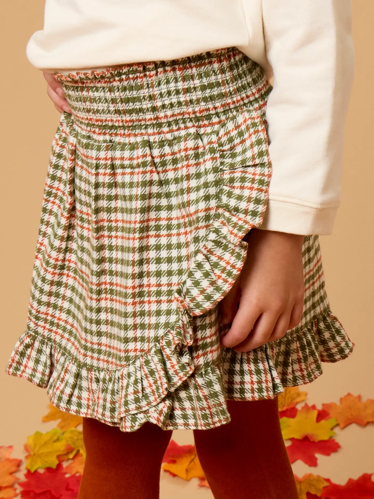 Girls Classic Dusty Olive Houndstooth Smocked Ruffle Skort