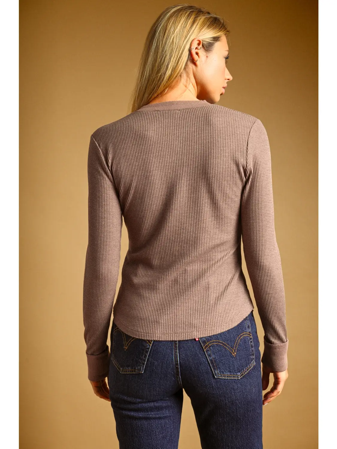 Half Snap Button Waffle Fabric Long Sleeve Top - CHOCOLATE