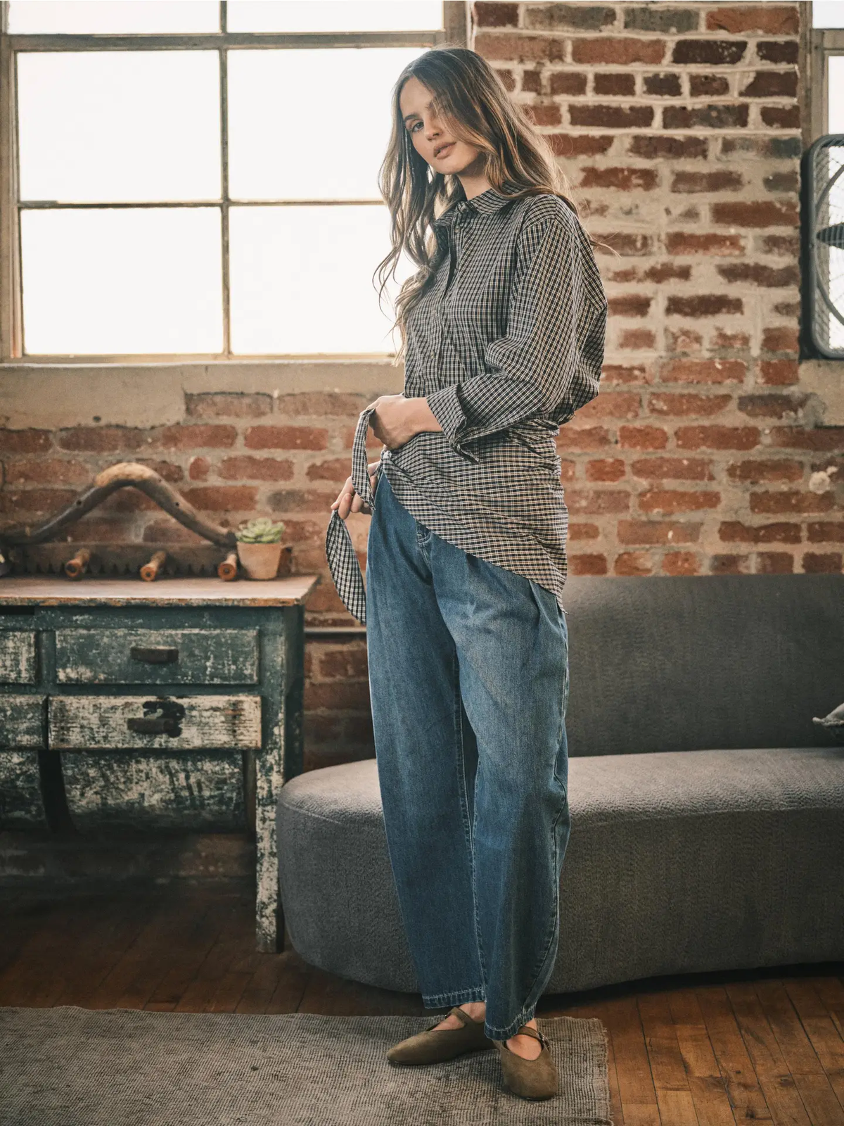 Vintage Washed Pleated Barrel Denim Pants