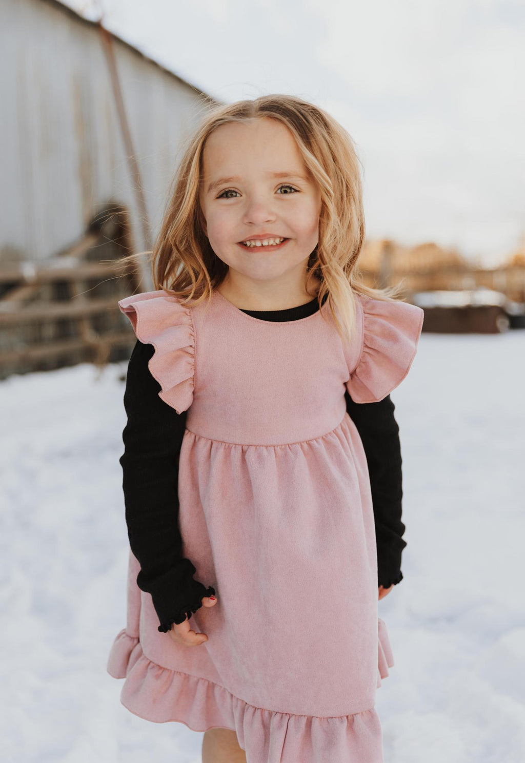 GIRLS PINK SUEDE RUFFLE GIRLS DRESS