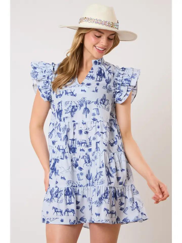 Western Print Sleeveless Mini Dress - Blue