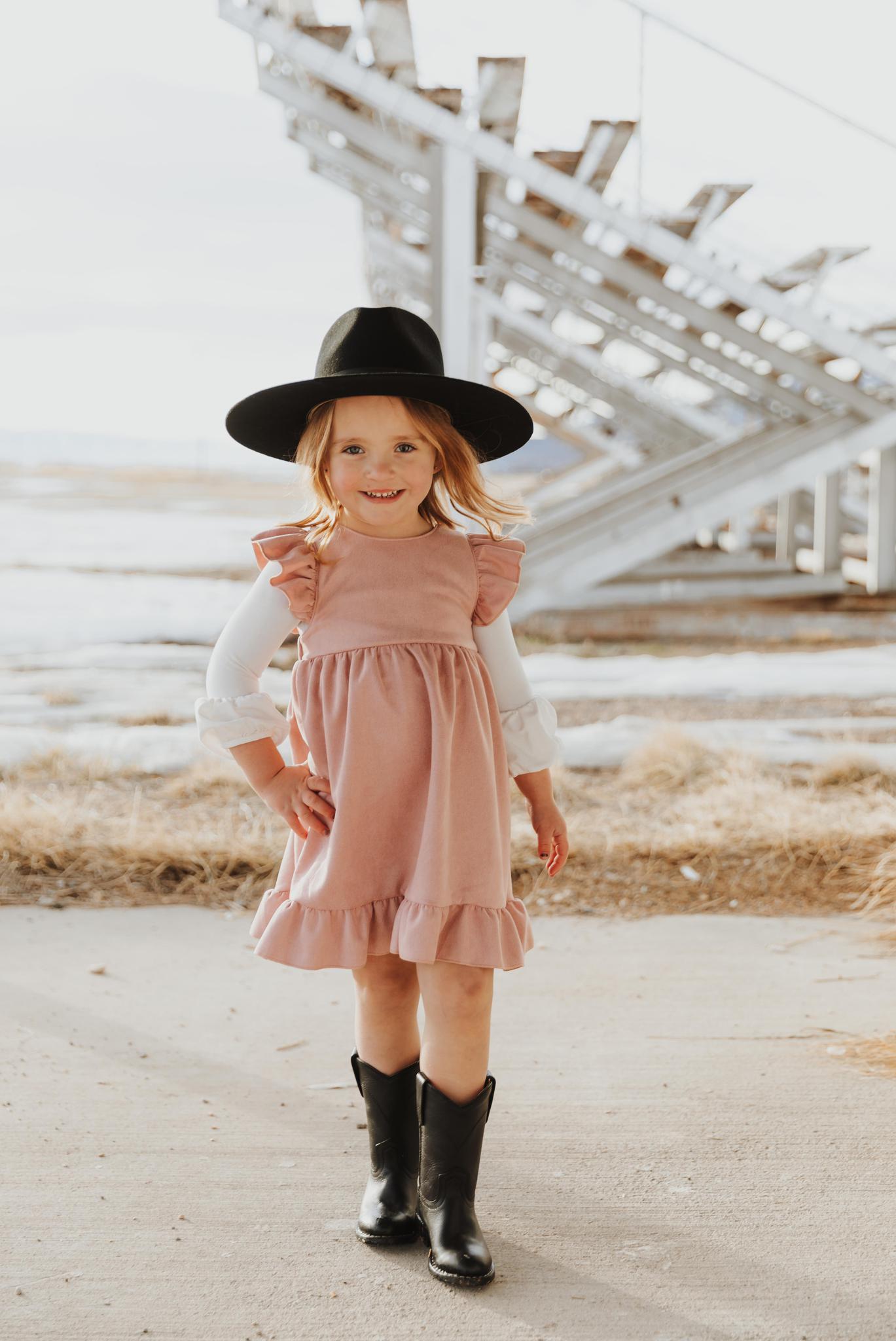 GIRLS PINK SUEDE RUFFLE GIRLS DRESS