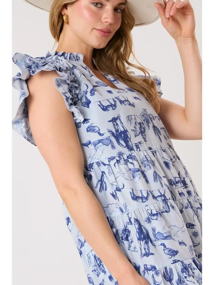 Western Print Sleeveless Mini Dress - Blue