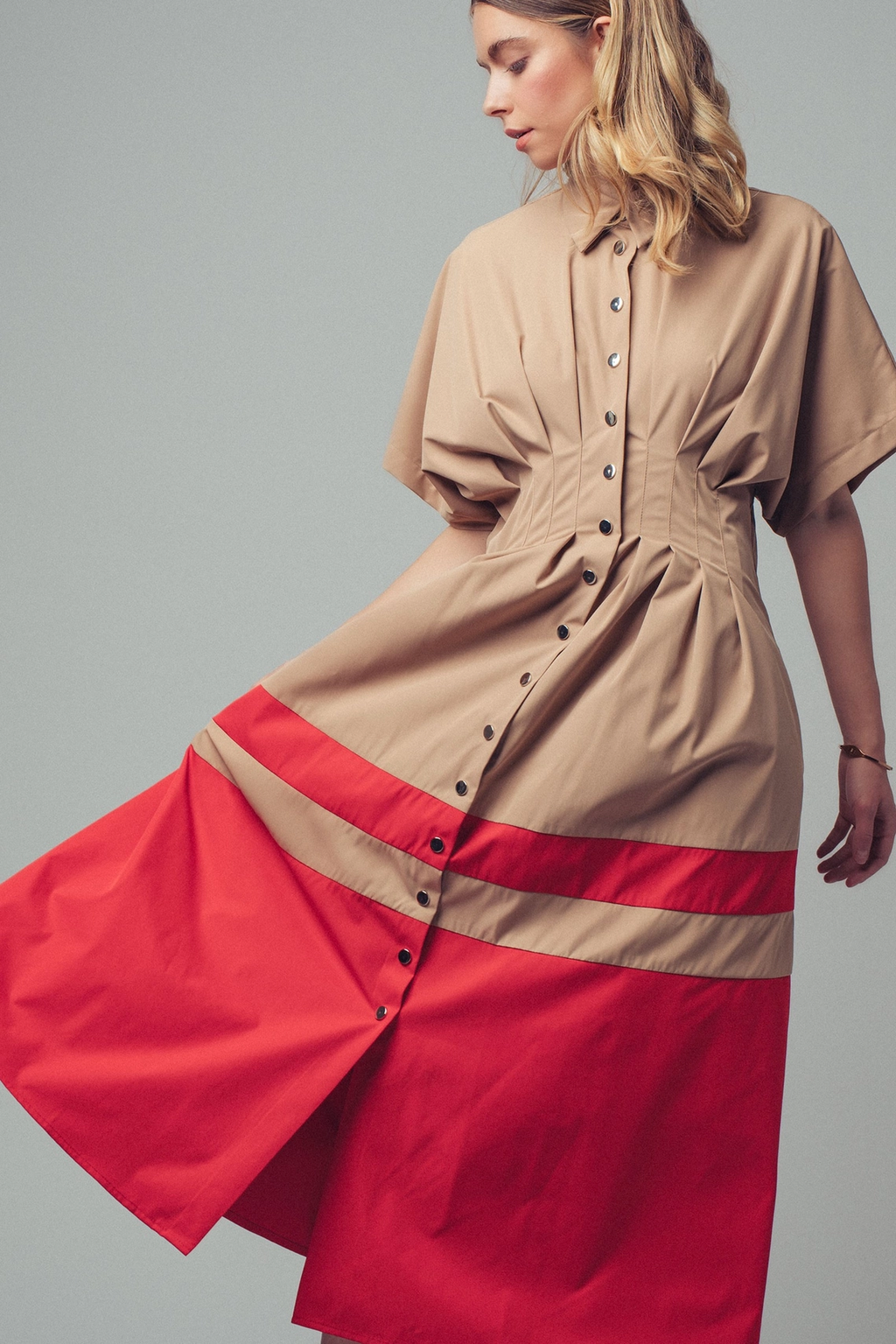 Colorblock Button-Up Cotton Midi Dress - CAMEL