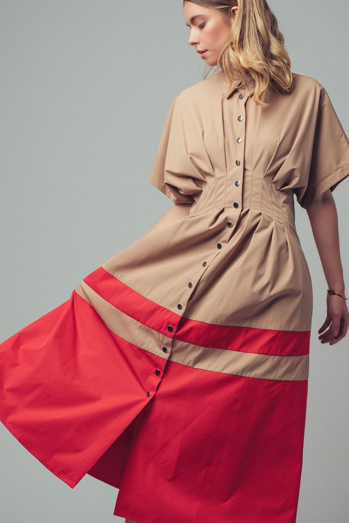 Colorblock Button-Up Cotton Midi Dress - CAMEL