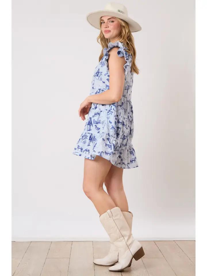 Western Print Sleeveless Mini Dress - Blue