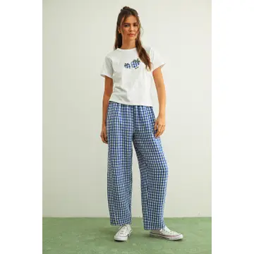 Gingham Pattern Elastic Band Waist Pants - BLUE/WHITE