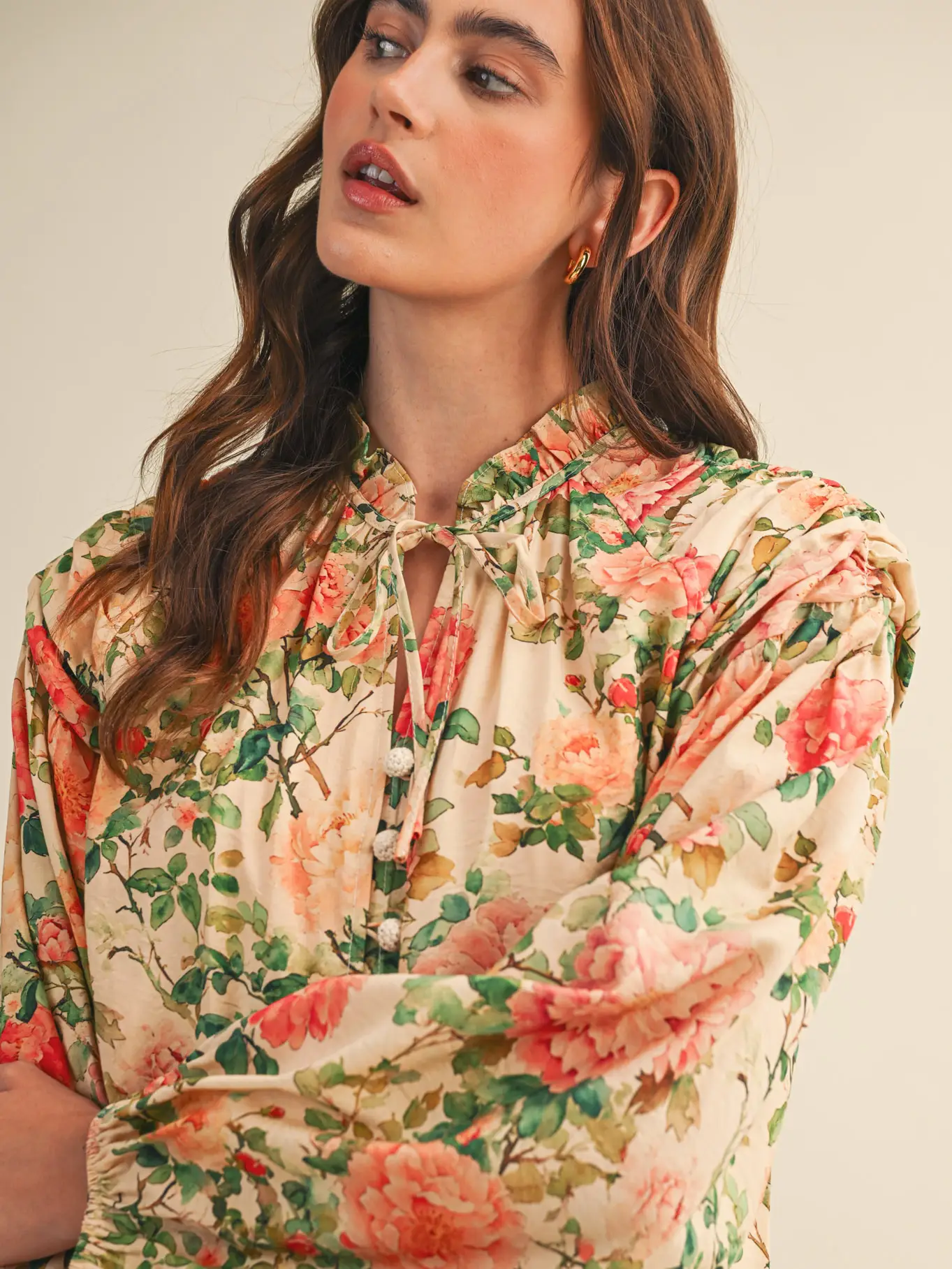 Floral Ruched Button Down Blouse