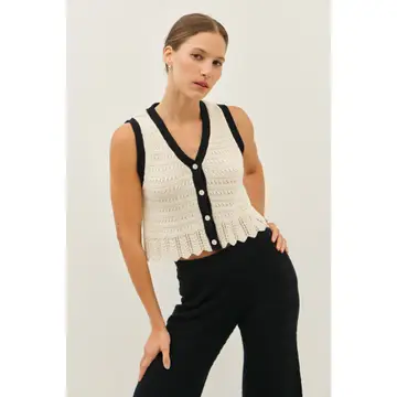 V-Neck Button-Down Crochet Sweater Top with Scallop Hem