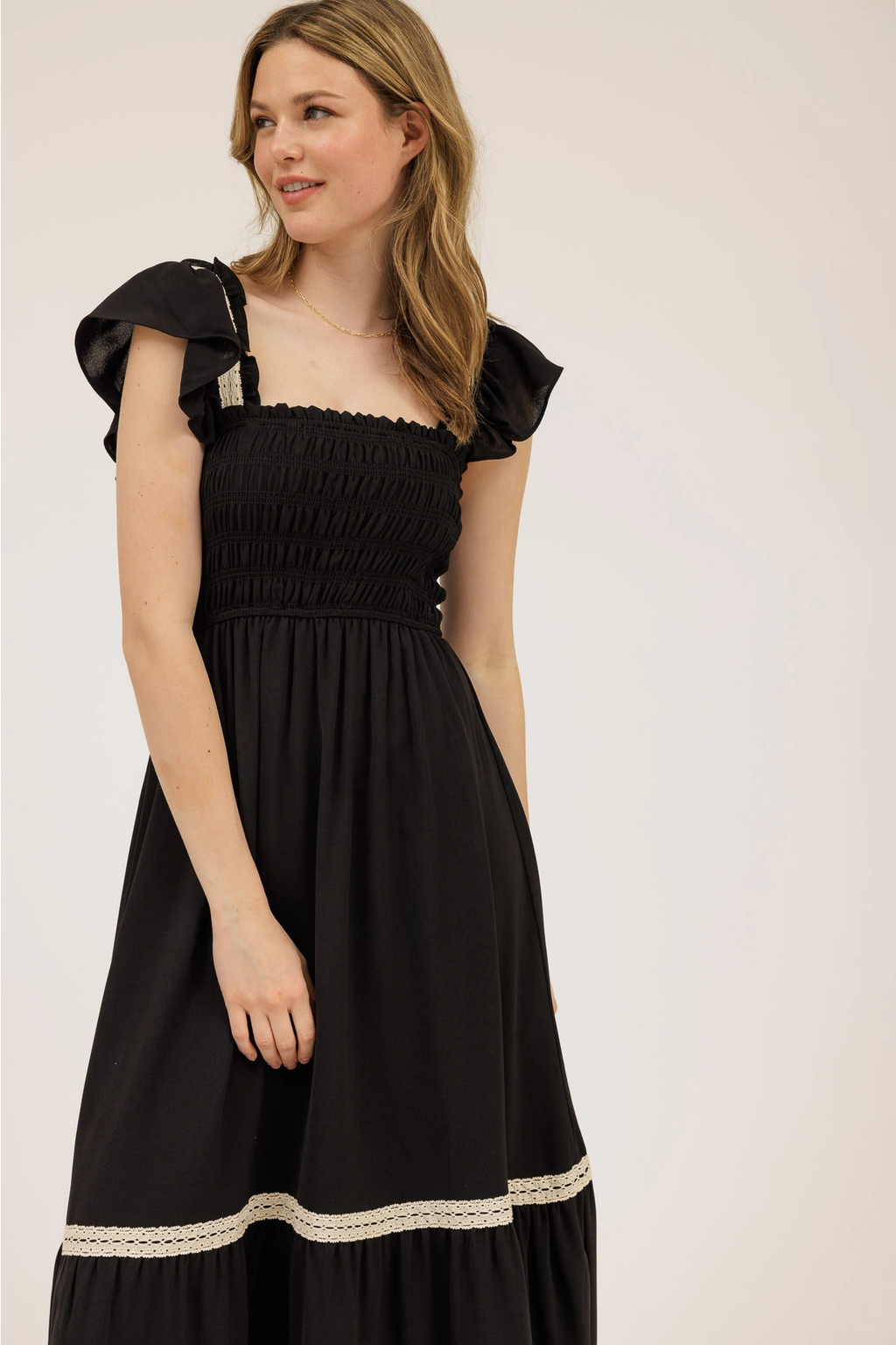 Contrast Detail Smocked Ruffle Midi Dress