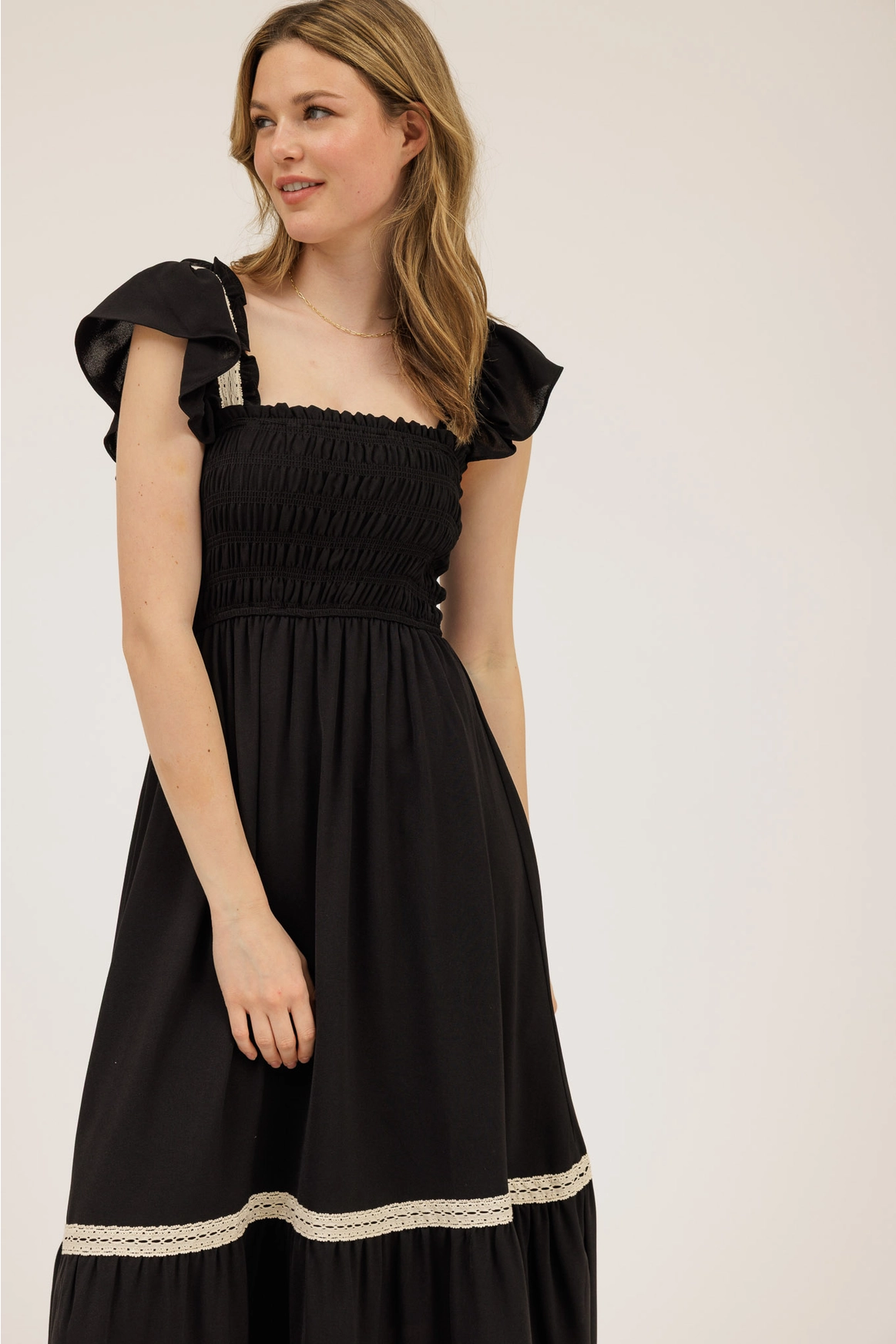 Contrast Detail Smocked Ruffle Midi Dress