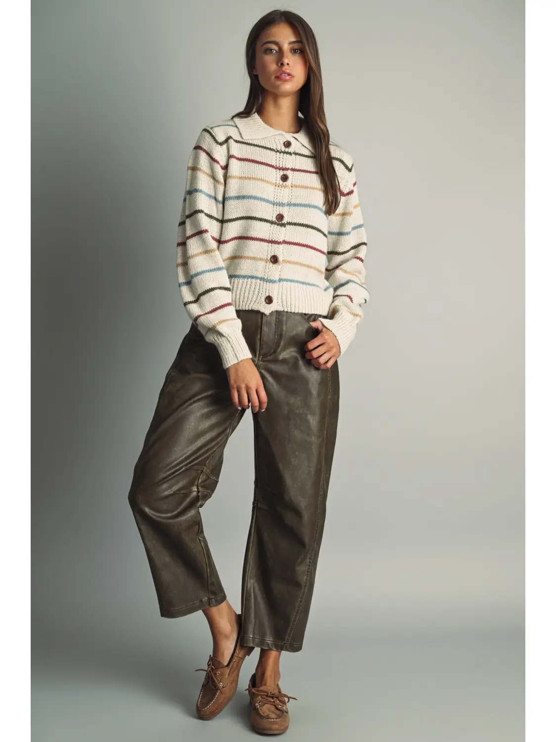 Striped Knit Cardigan with Cord-Textured Collar