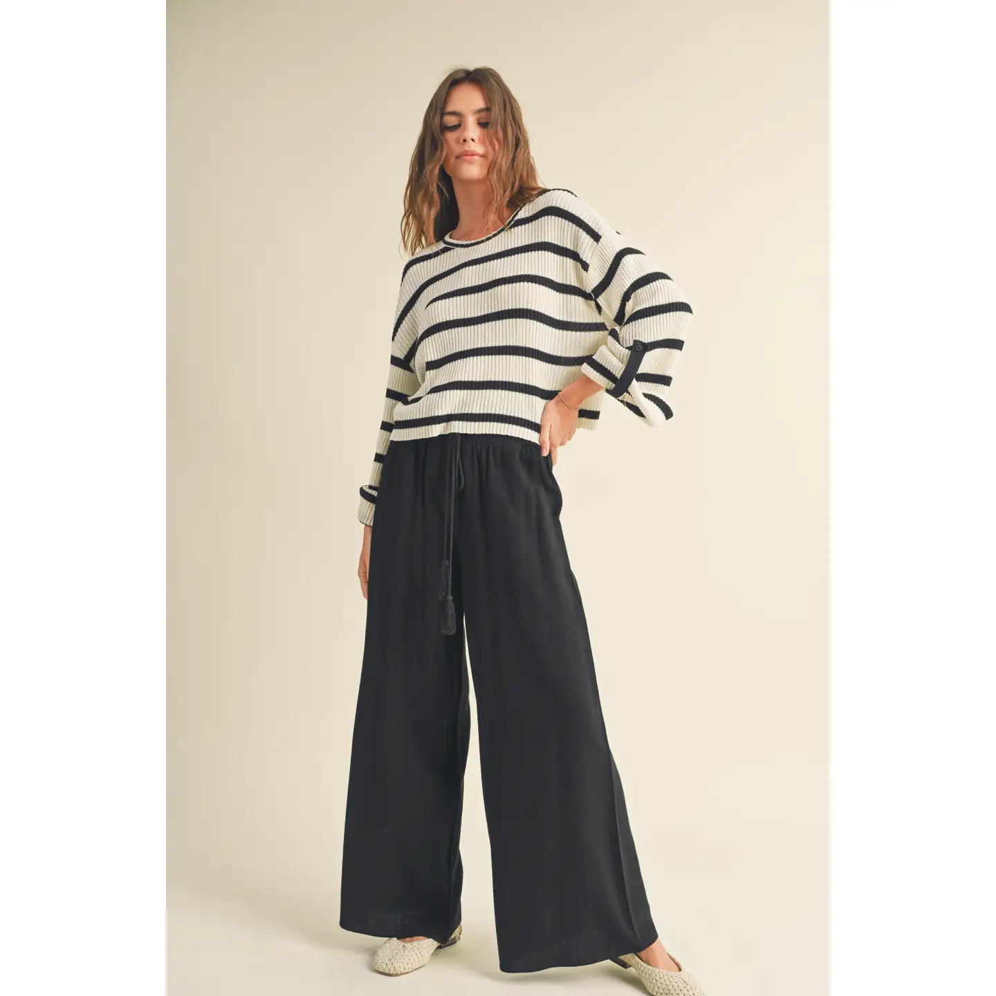 Cotton Linen Smocked Waist Pants with Tassel - Black