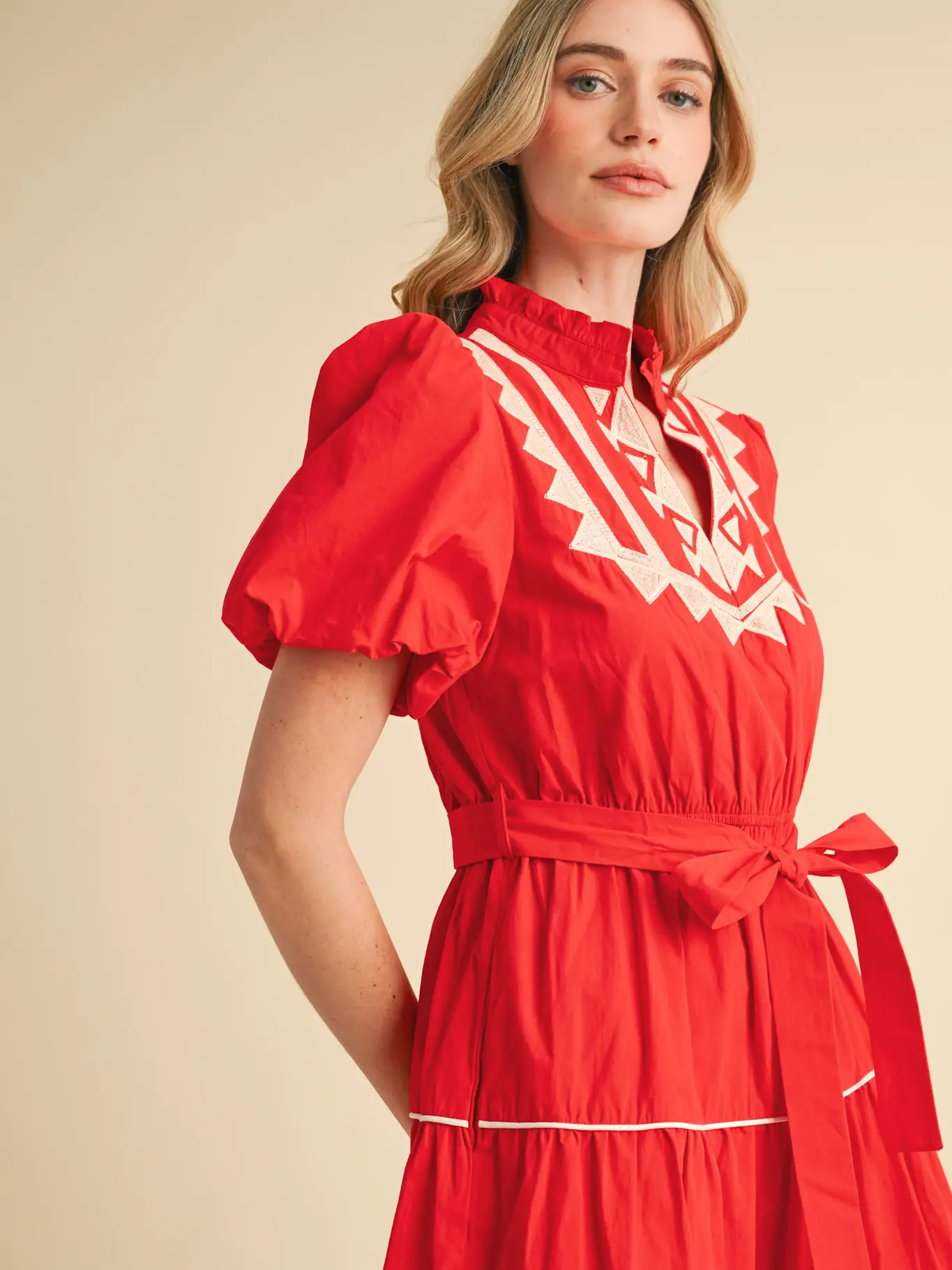 Embroidered Puff Sleeve Tiered Midi Dress - CHERRY RED