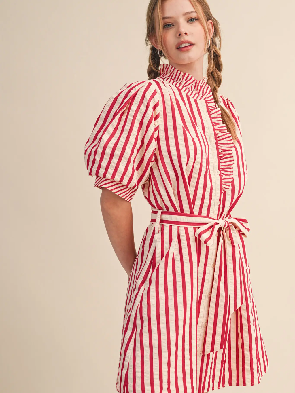 Striped Ruffled Button Down Mini Dress - BERRY RED SRTIPE