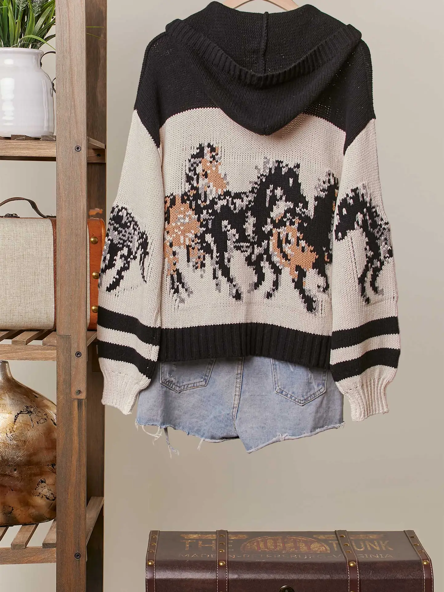 Horse Pattern Hooded Cardigan