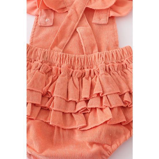 CORAL VELVET RUFFLE BABY ROMPER