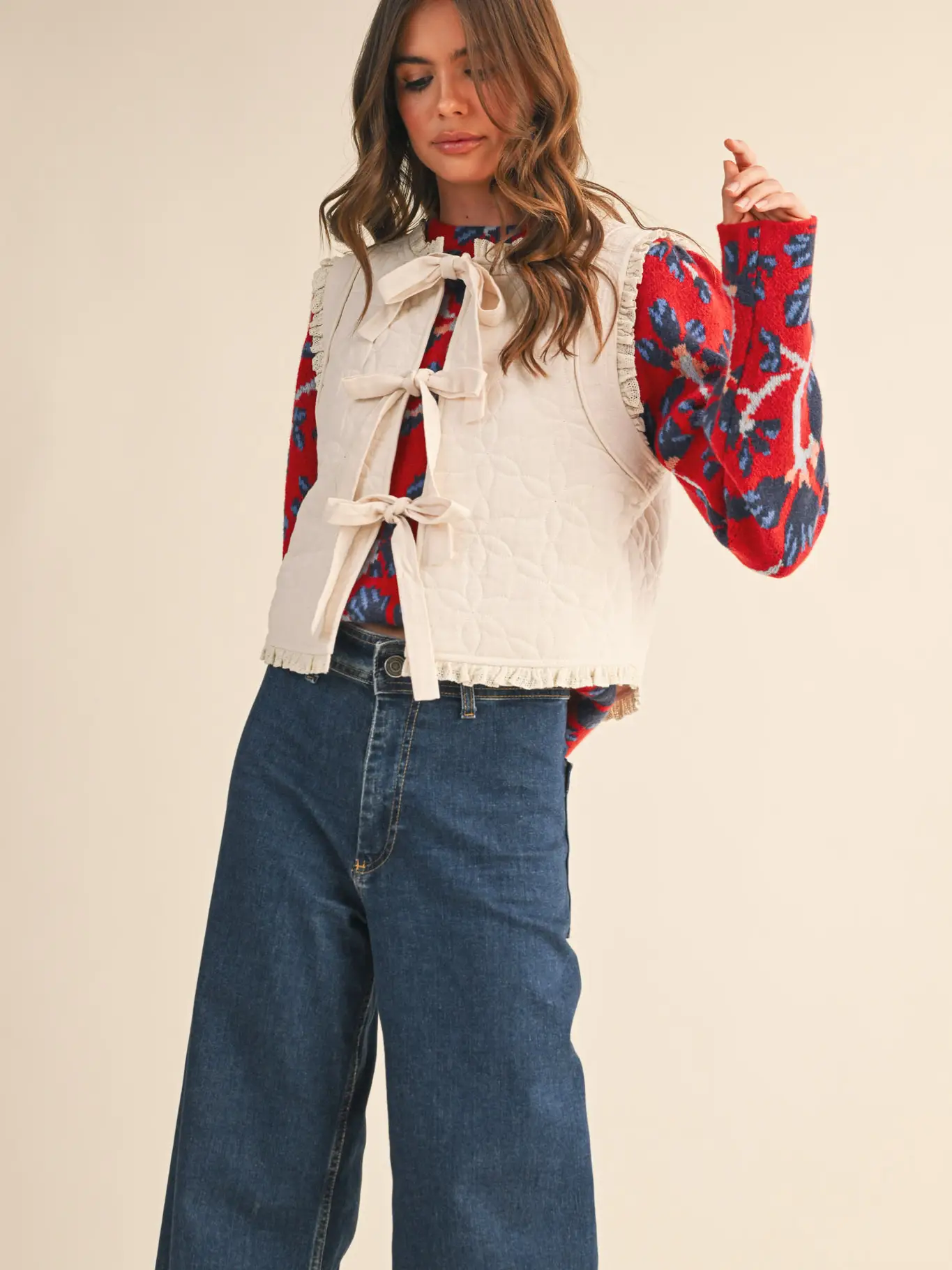 Floral Quilted Lace Trim Bow Tying Vest - Ecru