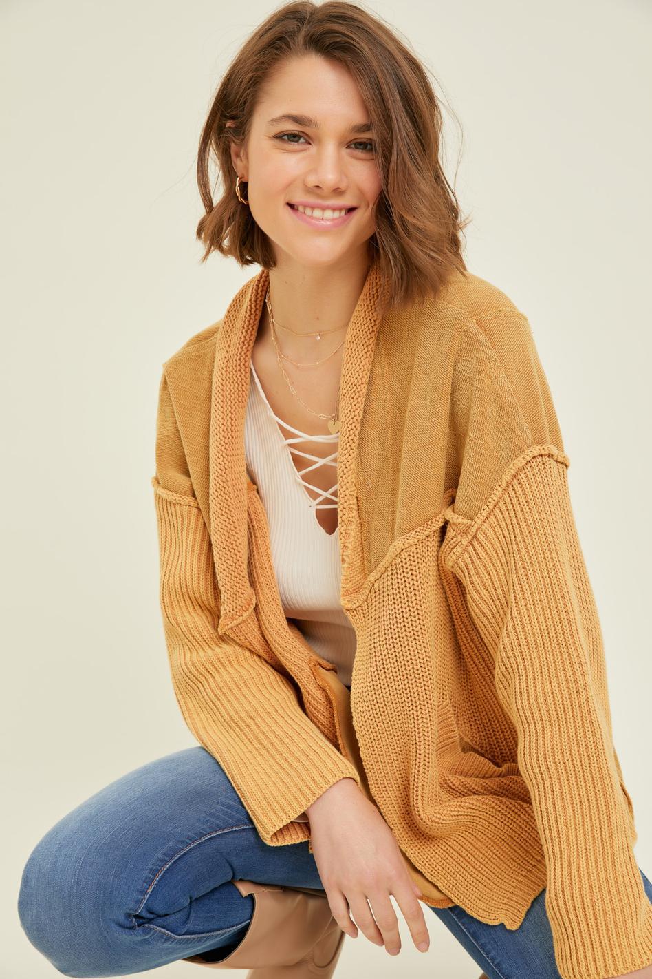 WESTERN WASHED TERRY CARDIGAN WITH CABLE KNIT SWEATER WASHED RUST - CAMEL