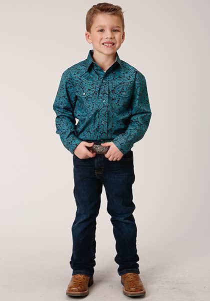 BOYS L/S SHIRT   AMARILLO SNAP ALLOVER PRINT  1377 BLUE AGAVE PAISLEY