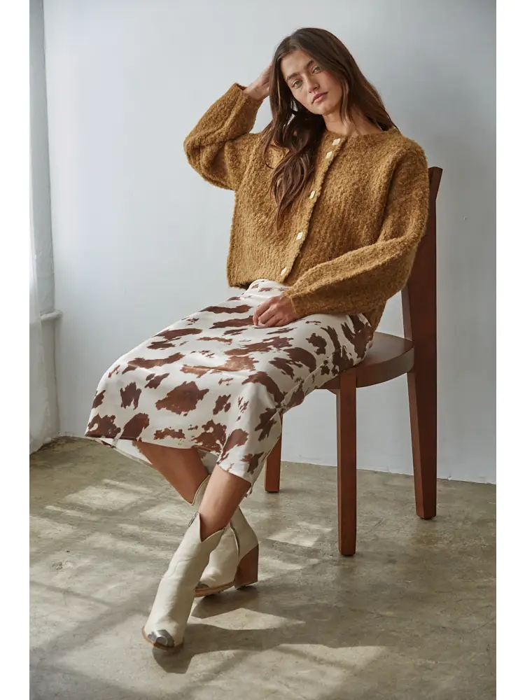 Woven Cow Print Satin Midi Skirt
