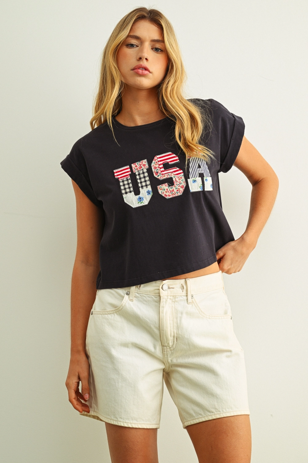 USA Floral Patchwork Front T Shirts