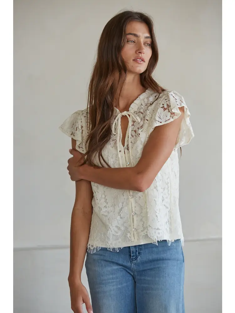 Woven Cotton Nylon Lace Button Down Short Sleeve Top