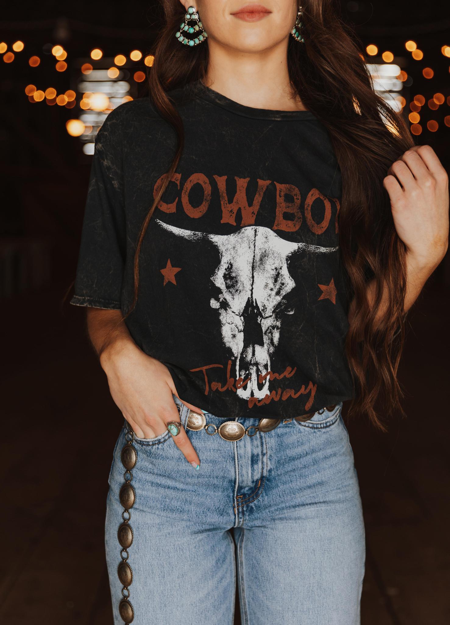 TAKE ME AWAY COWBOY OVERSIZED MINERAL WASHED T SHIRT - BLACK