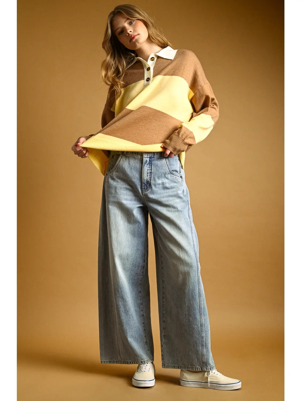 Color Block Sweater Knit Collar Top