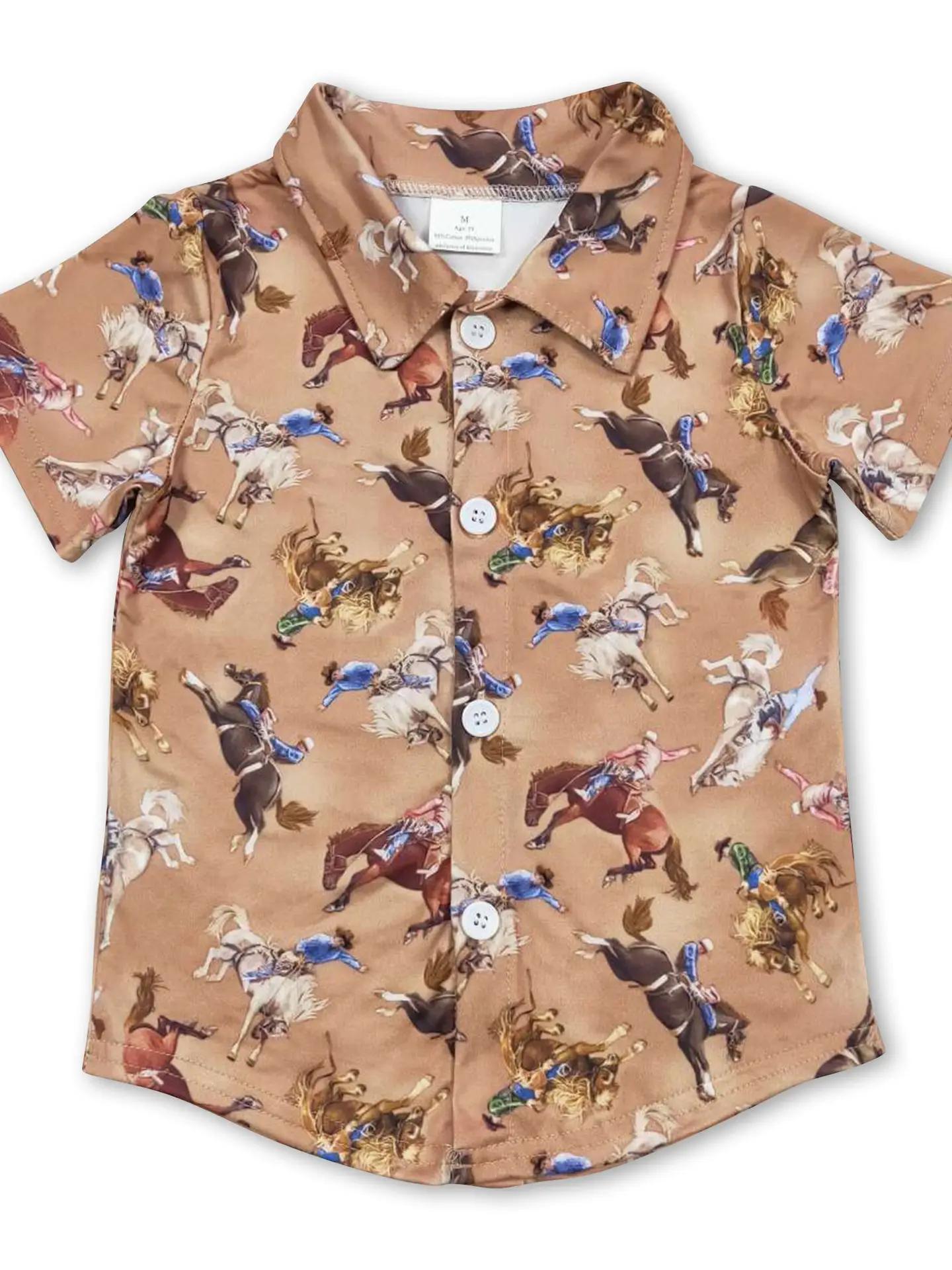 Short Sleeves Horse Rodeo Boys Western Button Down Shirt
