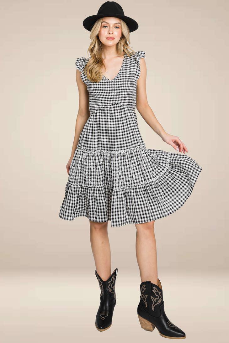 GINGHAM SMOCK DRESS EMBROIDERY - BLACK/WHITE