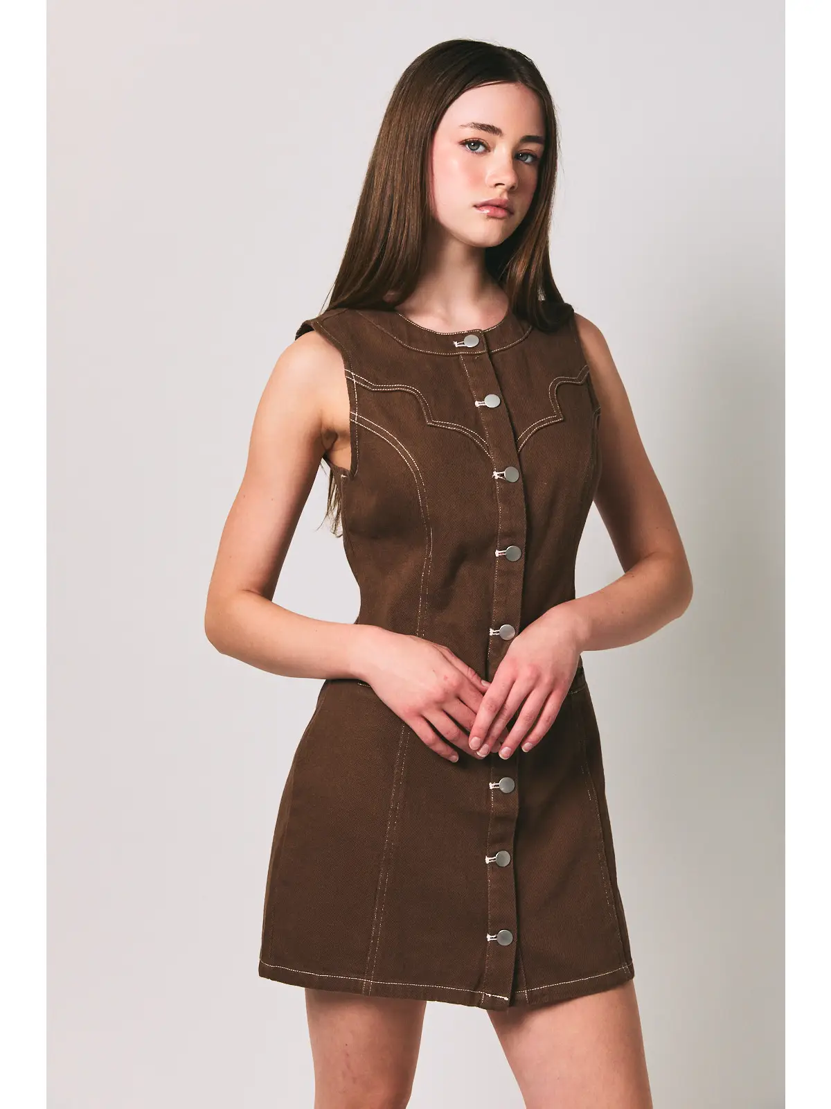 Stitch Detail Sleeveless Button Down Dress - BROWN