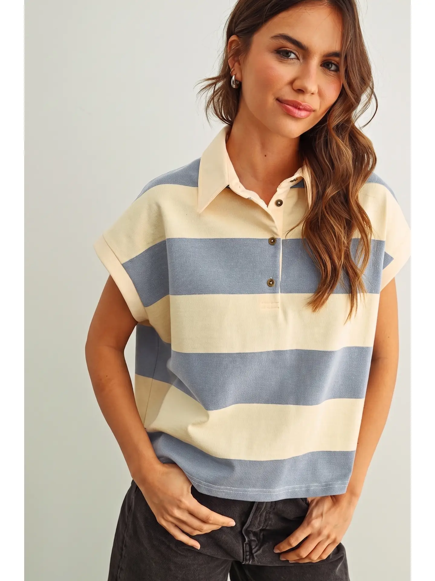 Wide Striped Sslv Polo Shirts - BEIGE/BLUE