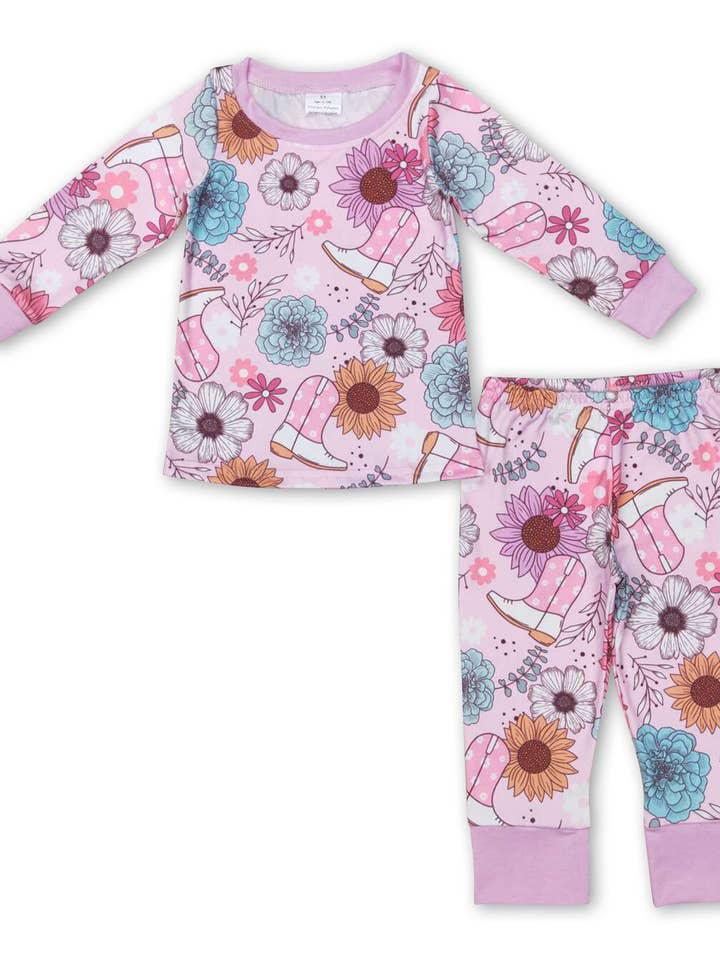Pink Flower Boots Western Girls Pajamas