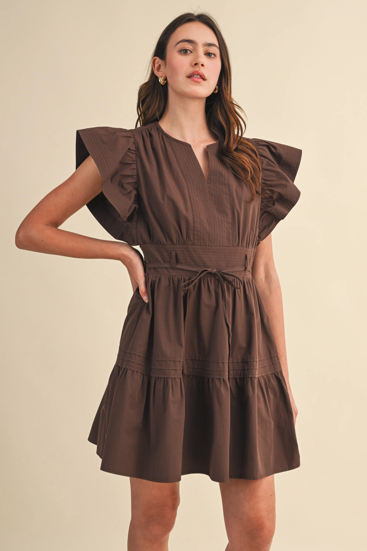 Embroidered Seam Pin Tuck Detail Mini Dress - COCOA BROWN