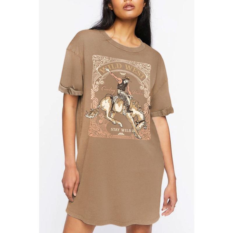 WILD WEST COWBOY RODRO GRAPHIC MINERAL WASHED DRESS - TAUPE